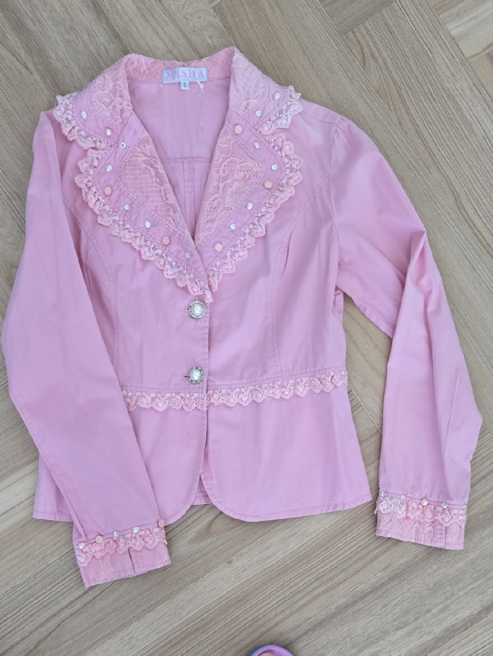 Mishka Pink Lace-Trim Button Jacket Small